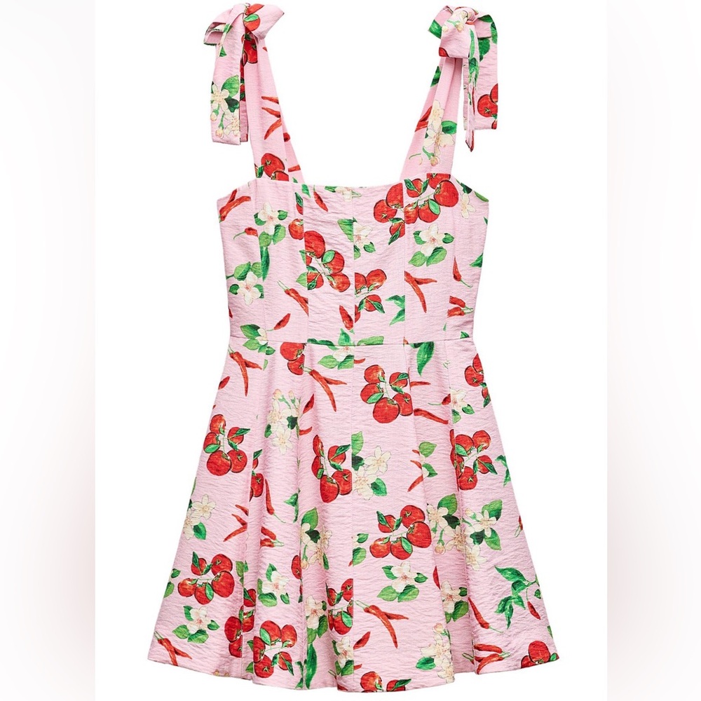 Zara Cherry Mini Dress Sz S Pink Veggies Euro Summer A-line